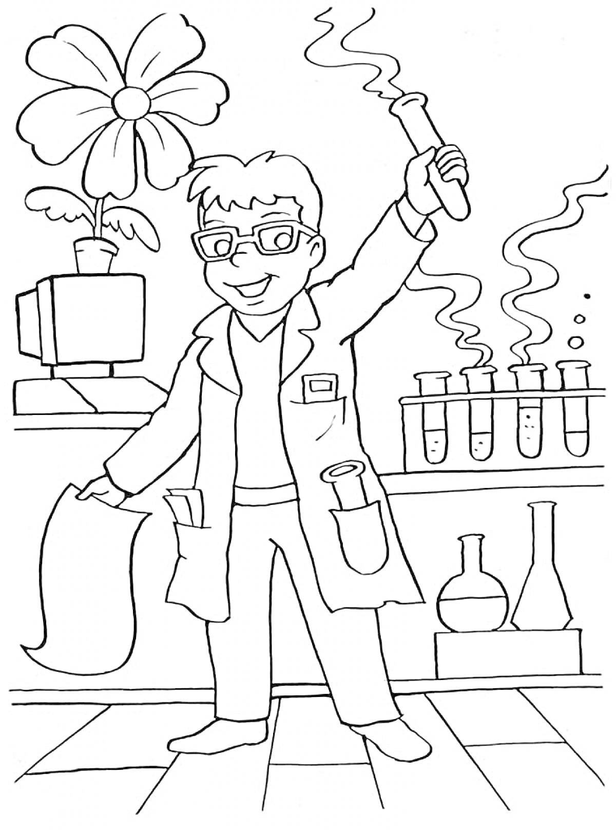 Раскраска Ученый в лаборатории с пробирками, колбами, цветком на компьютере и листом бумаги