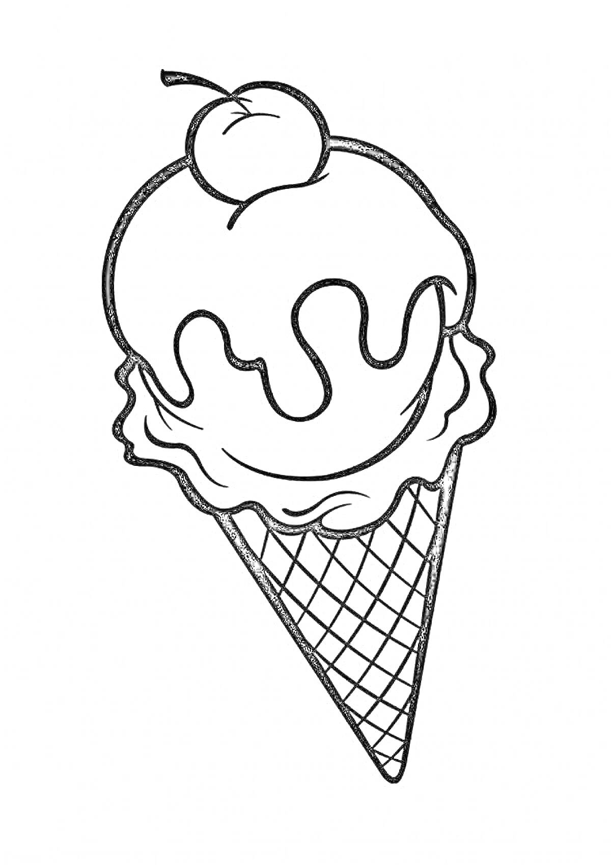 На раскраске изображено: Мороженое, Вафельный рожок, Вишня, Конус