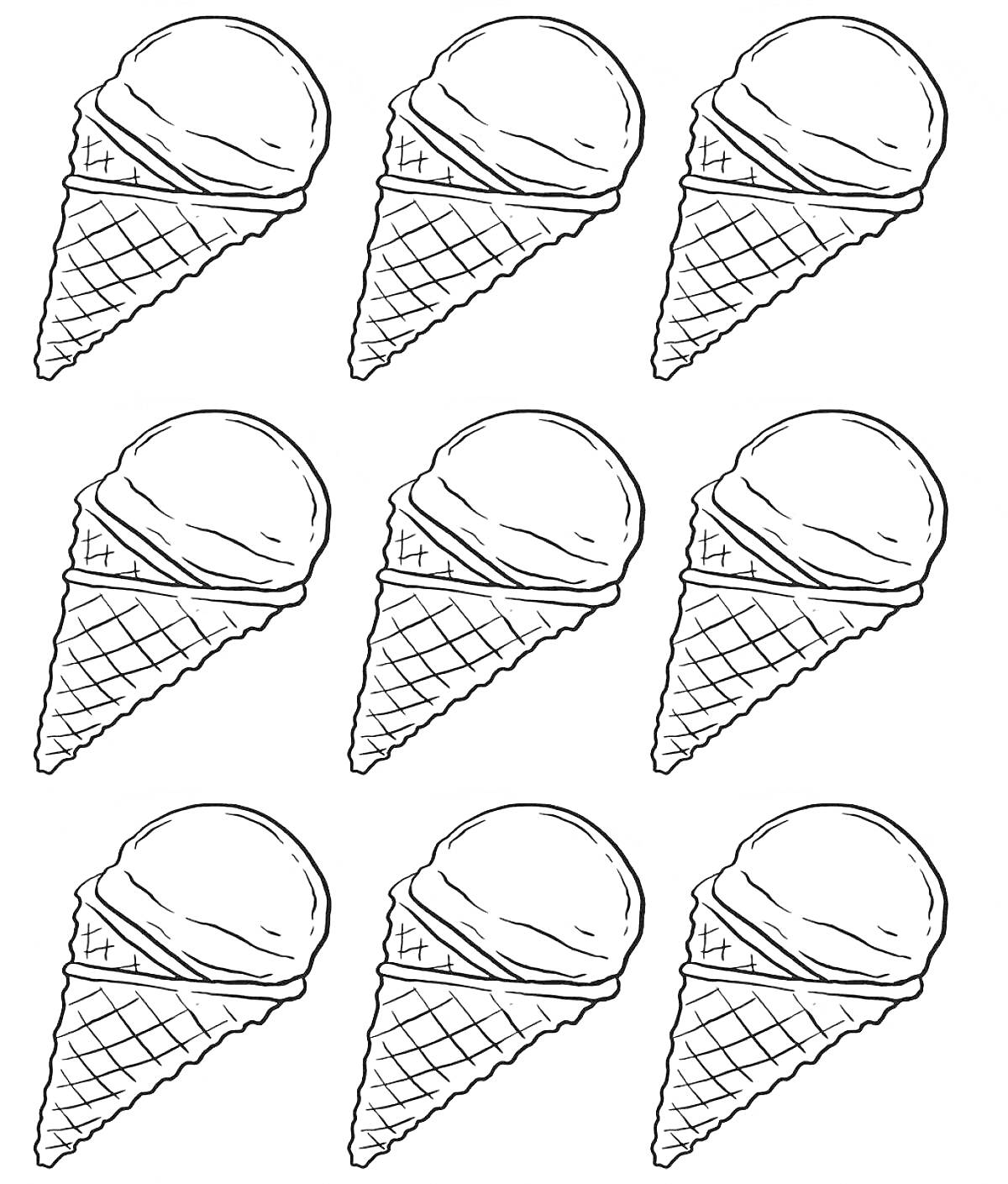 Раскраска Мороженое в вафельном рожке, девять изображений