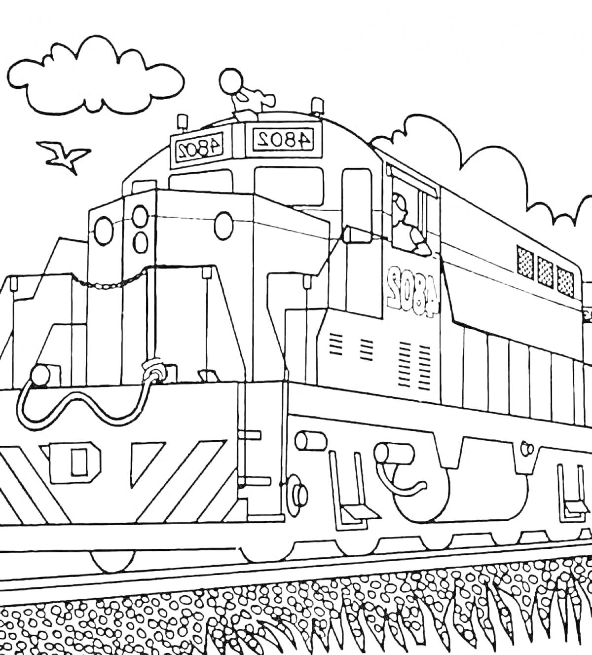 Раскраска Локомотив с номером 5088 на железной дороге с человеком внутри, облаками, птичкой и травой
