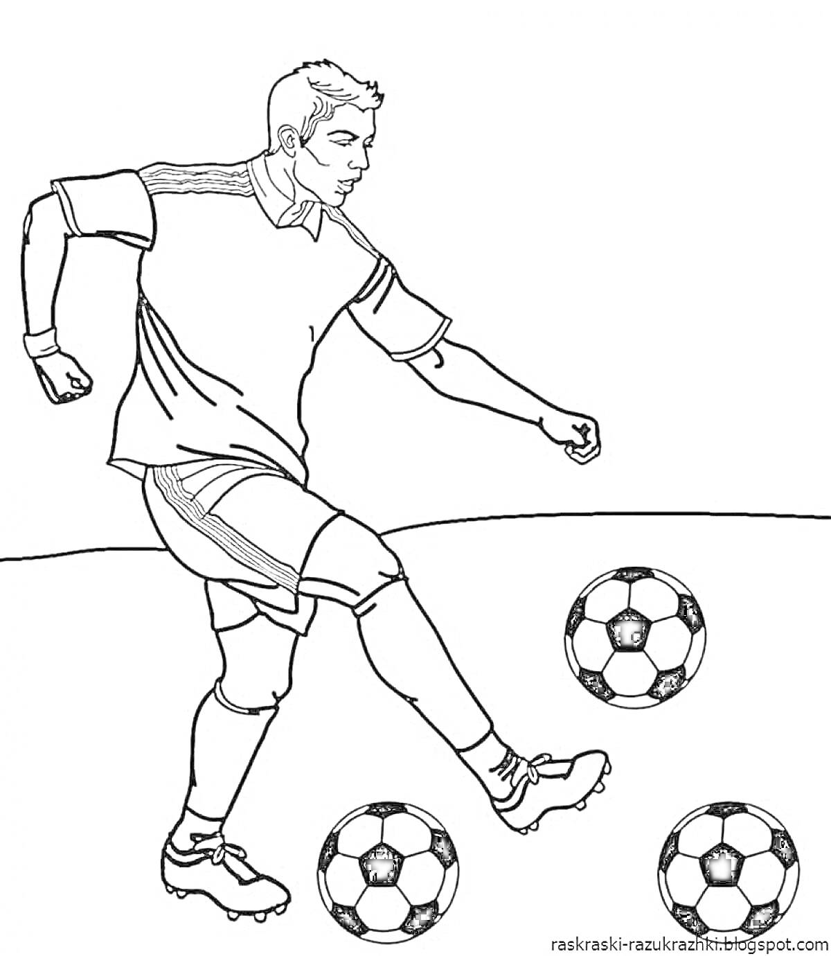 Раскраска Футболист, играющий с тремя мячами