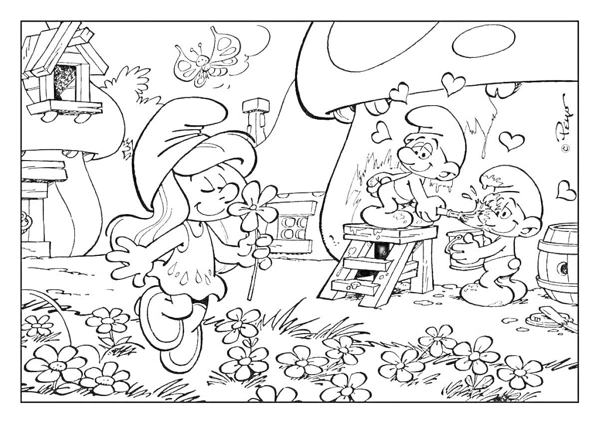 Раскраска Смурфики на природе среди цветов, рядом с домом-грибом, девушка-смурф с цветами, два смурфика с ведром