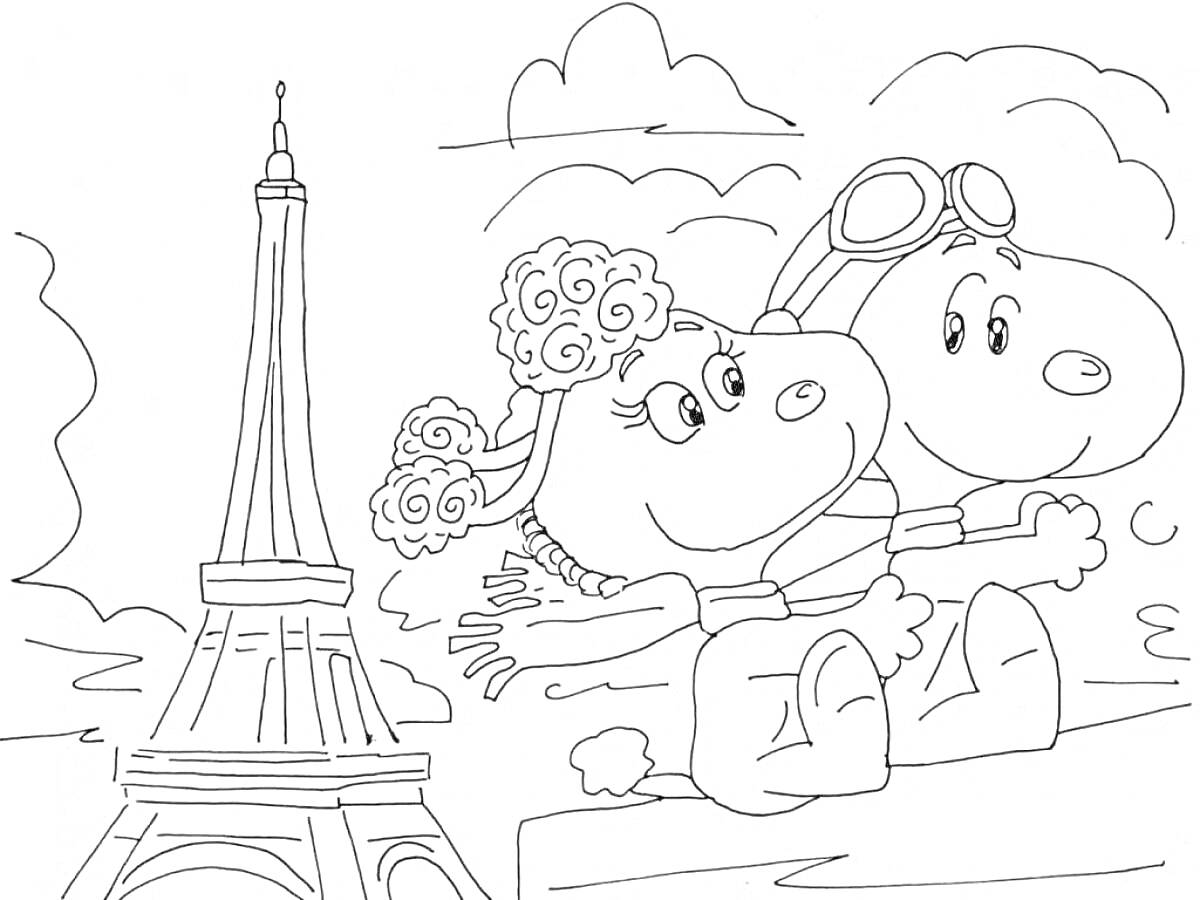 На раскраске изображено: Чучу Чарли, Прогулка, Эйфелева башня, Облака, Путешествия, Париж, Друзья