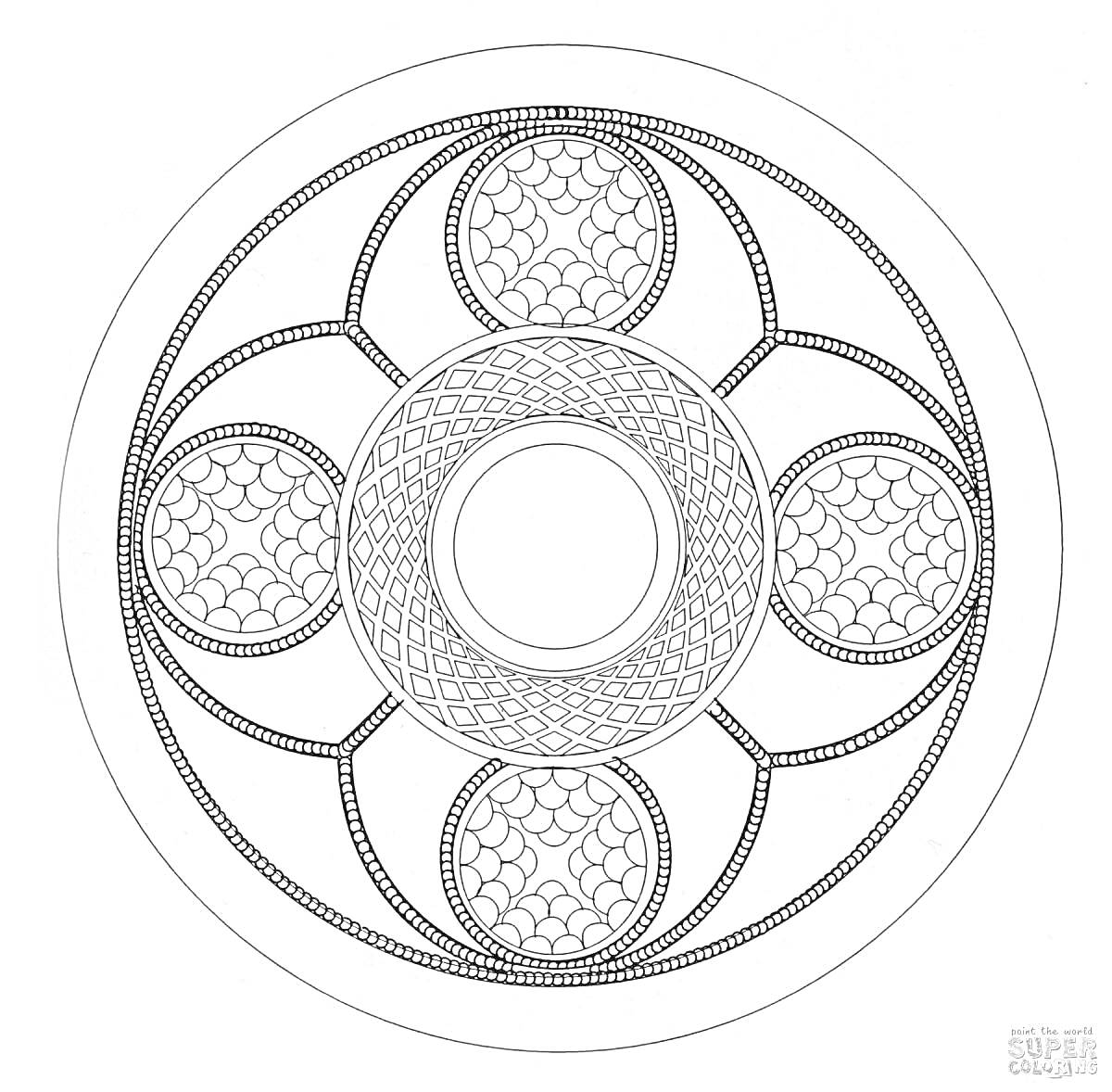 Раскраска Раскраска с кругом и узорами, включающими пять внутренних кружающихся узоров и центральный круг с переплетениями.