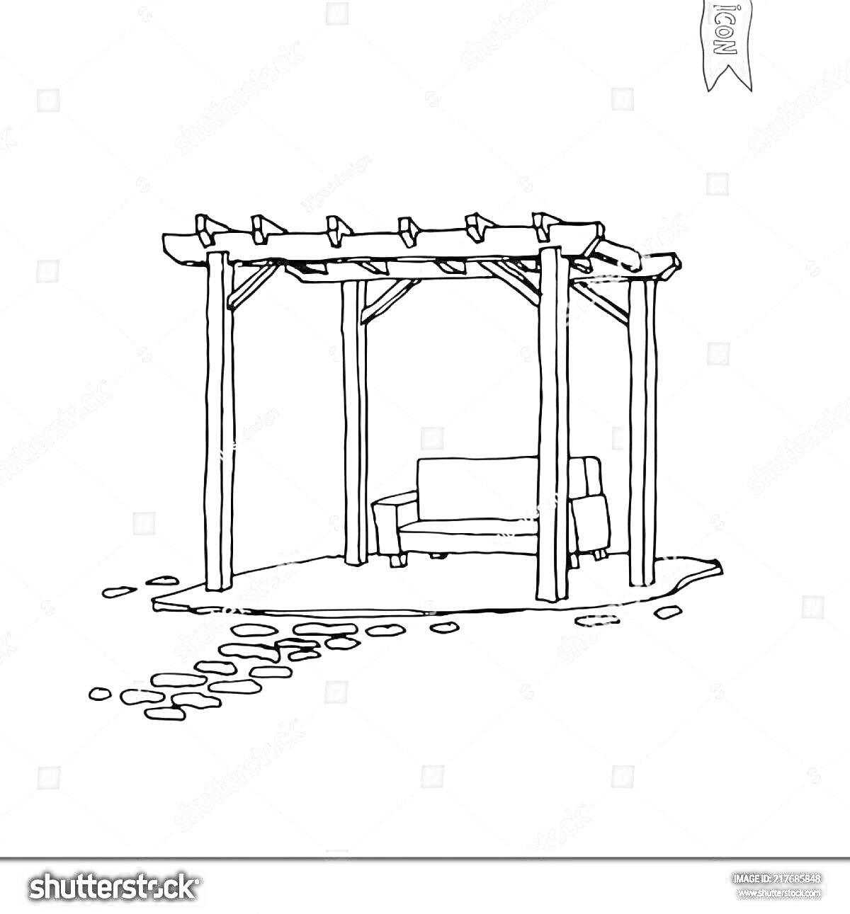 Раскраска Беседка с лавкой и каменной дорожкой