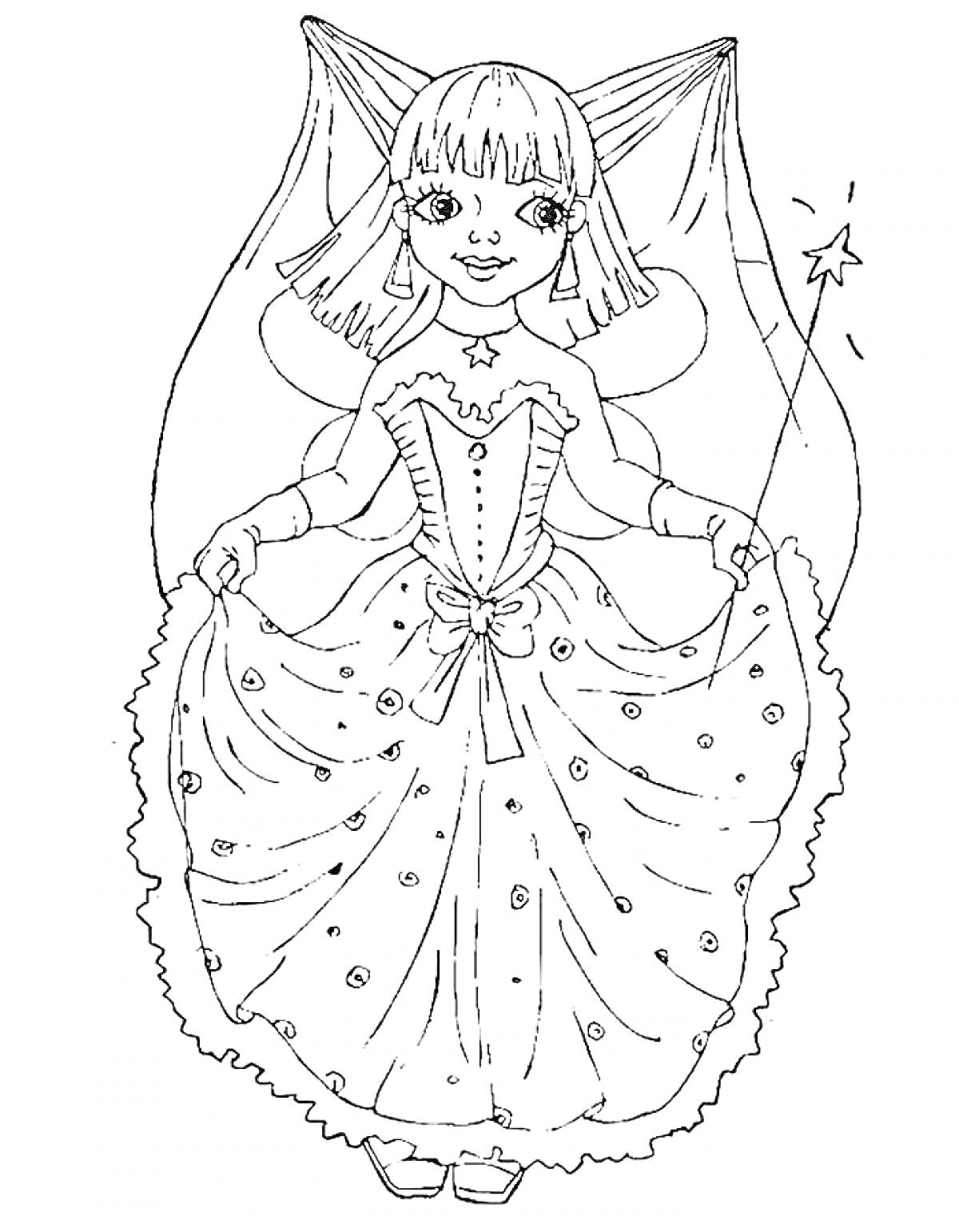 Раскраска Волшебница, девочка в платье с крыльями, держащая волшебную палочку