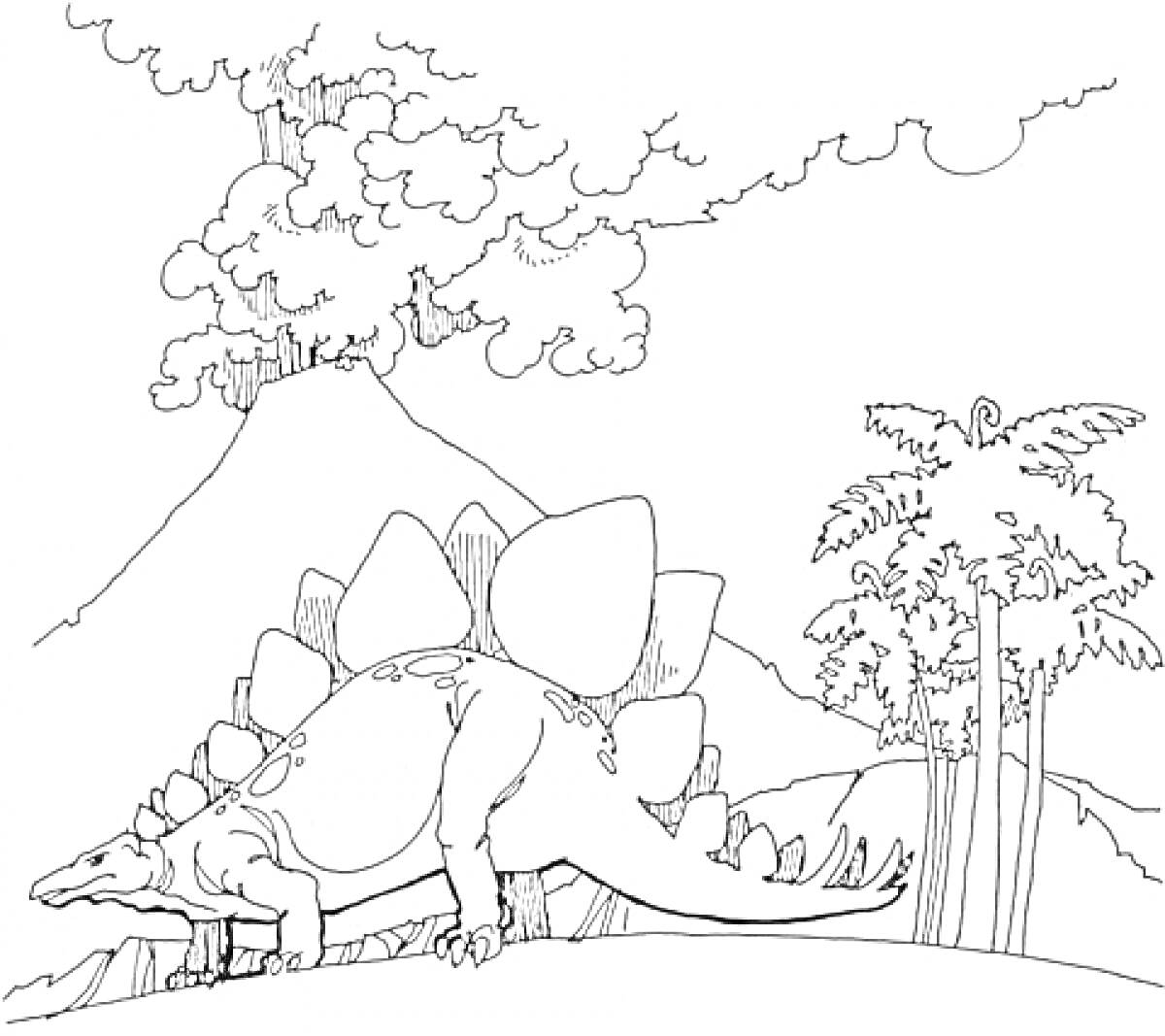 Раскраска Вулкан, динозавр стегозавр и деревья