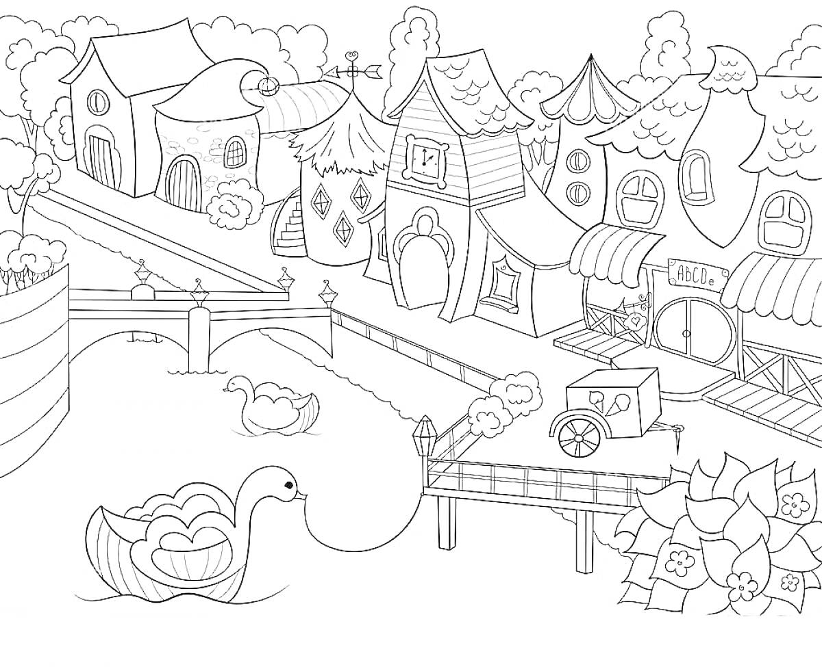 На раскраске изображено: Мост, Речка, Лебедь, Магазин, Замок, Утка, Пирс