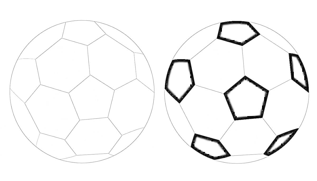 Раскраска два футбольных мяча - один для раскрашивания (черно-белый), второй уже раскрашенный (с черными и белыми пятнами)