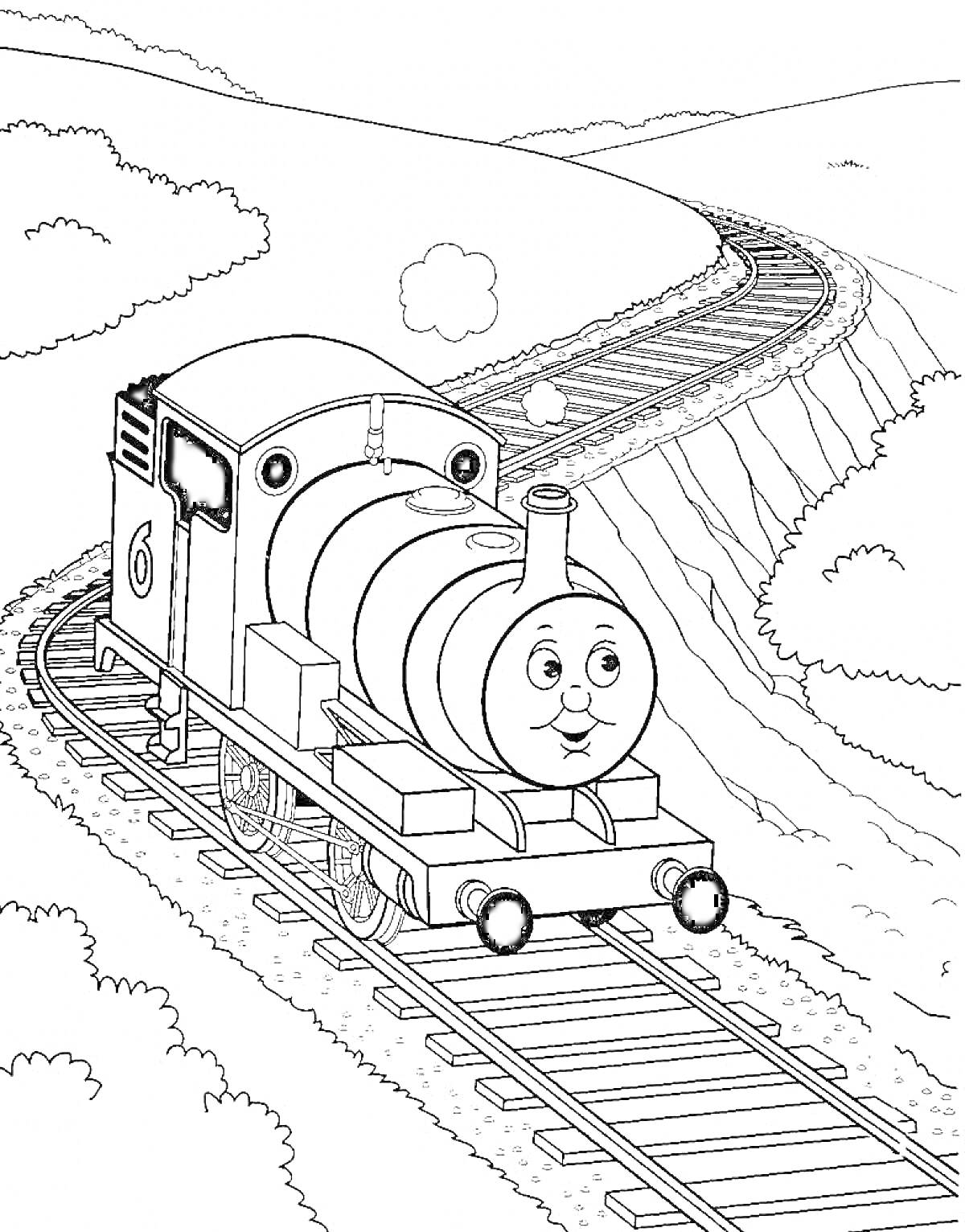 На раскраске изображено: Паровозик Томас, Железнодорожные пути, Холмы, Облака