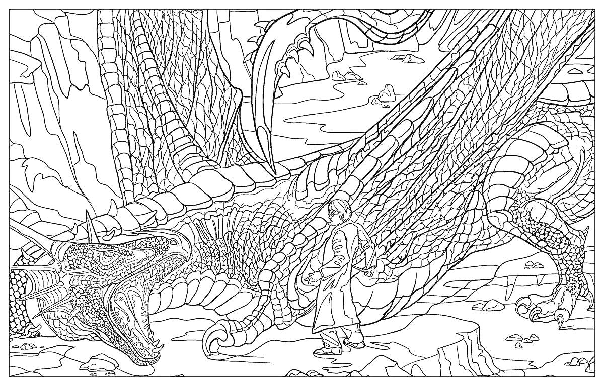 На раскраске изображено: Гарри Поттер, Дракон, Фантазия, Волшебство, Магия