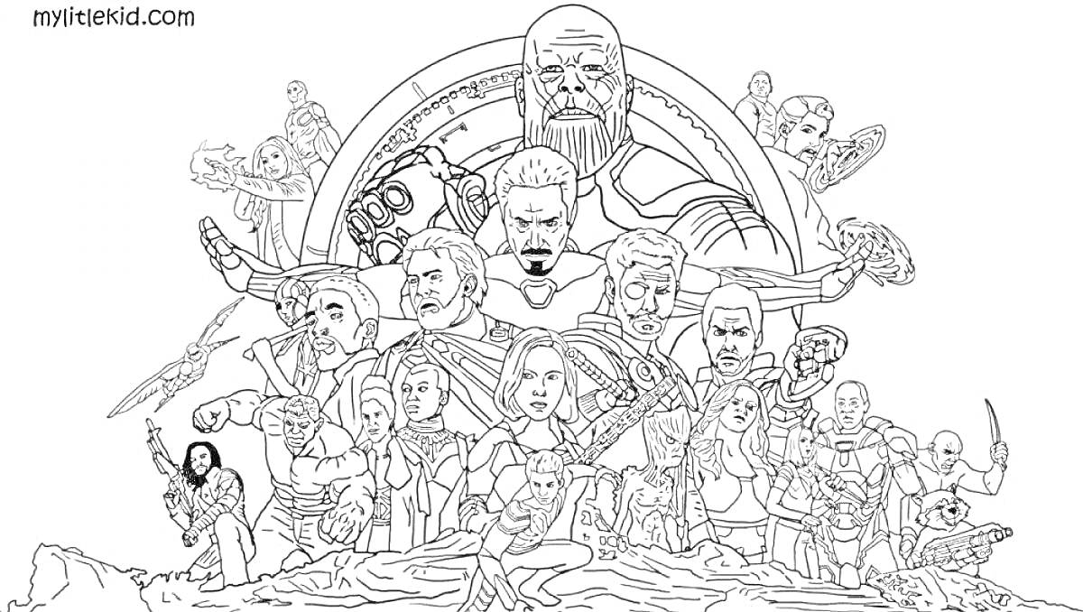 Раскраска Мстители с основными персонажами, в том числе с оружием и в костюмах