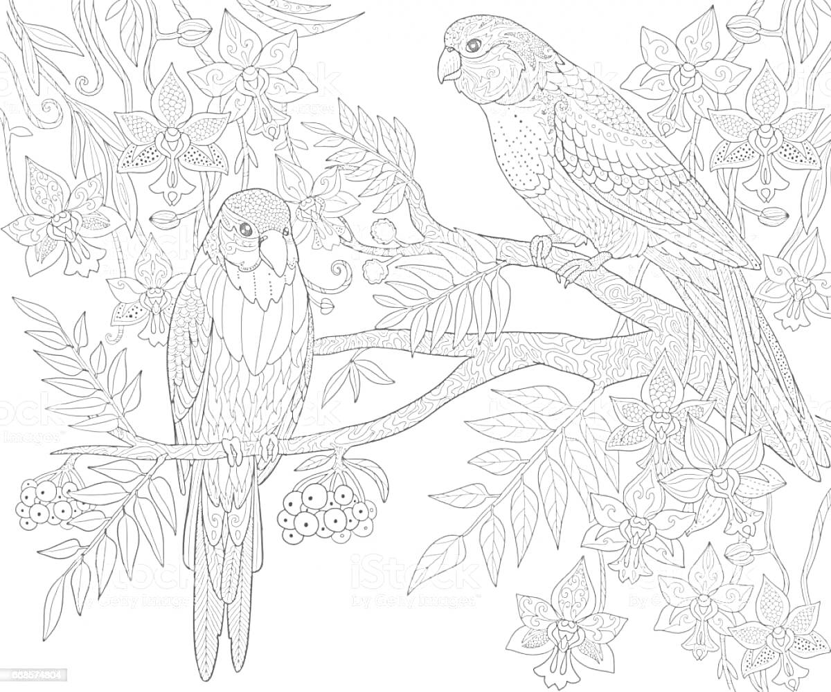На раскраске изображено: Попугаи, Ветка, Цветы, Ягоды, Природа