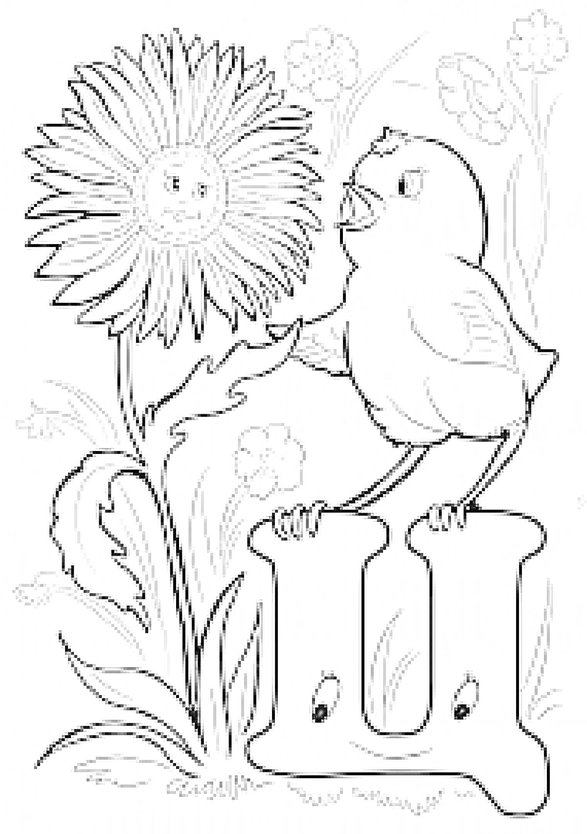 Птица, сидящая на букве Ц, цветок с лицом на фоне цветов и травы.