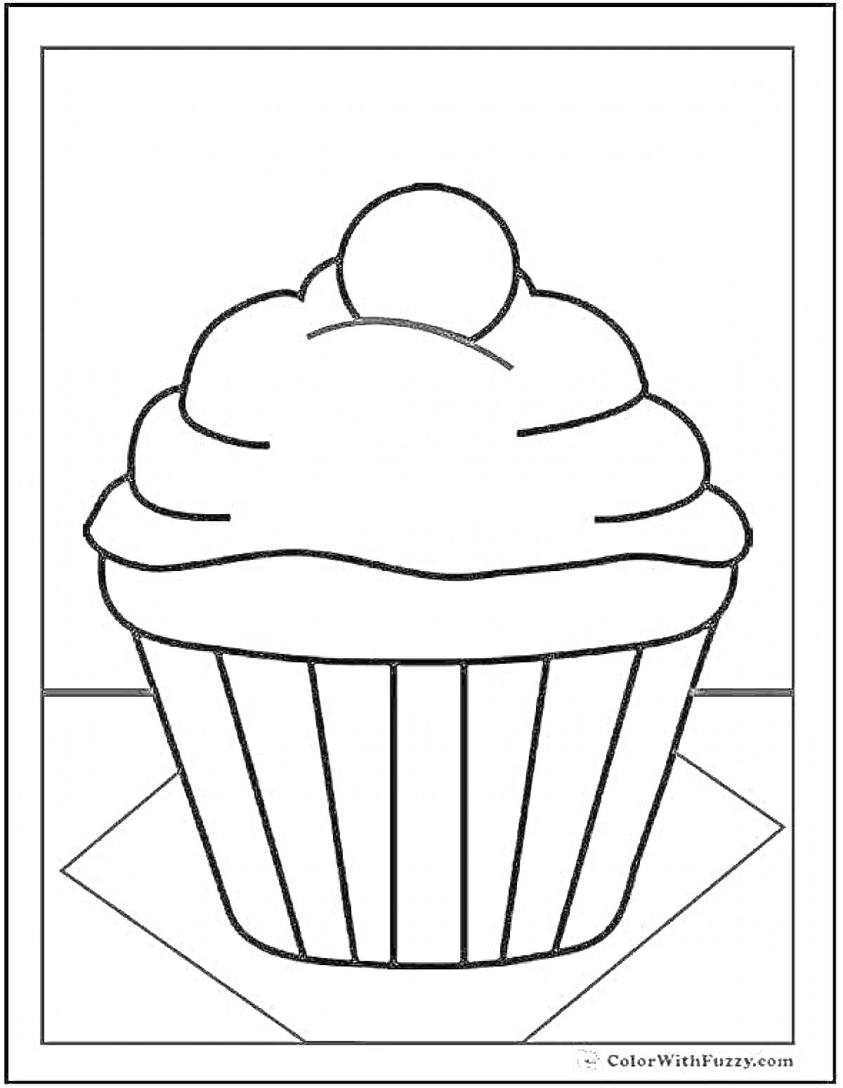 Раскраска Кекс с шариком на вершине, в гофрированной форме, на подложке