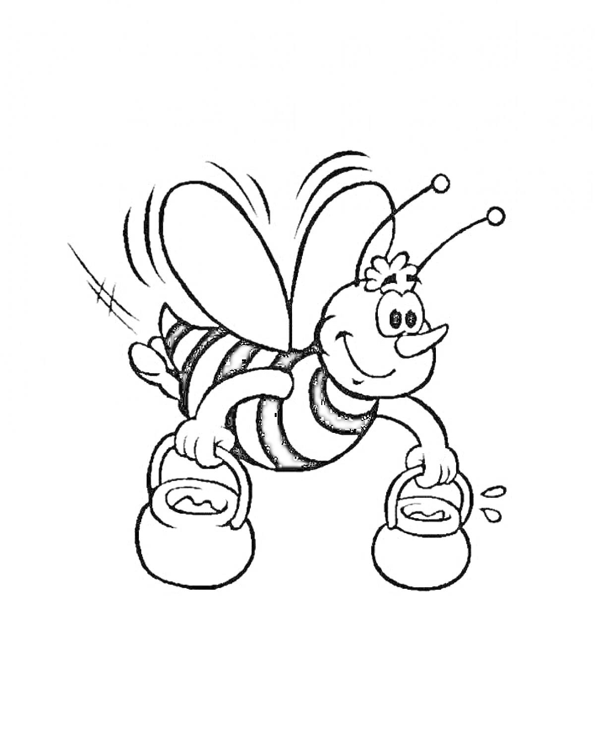 Раскраска Пчела с двумя ведрами, наполненными медом