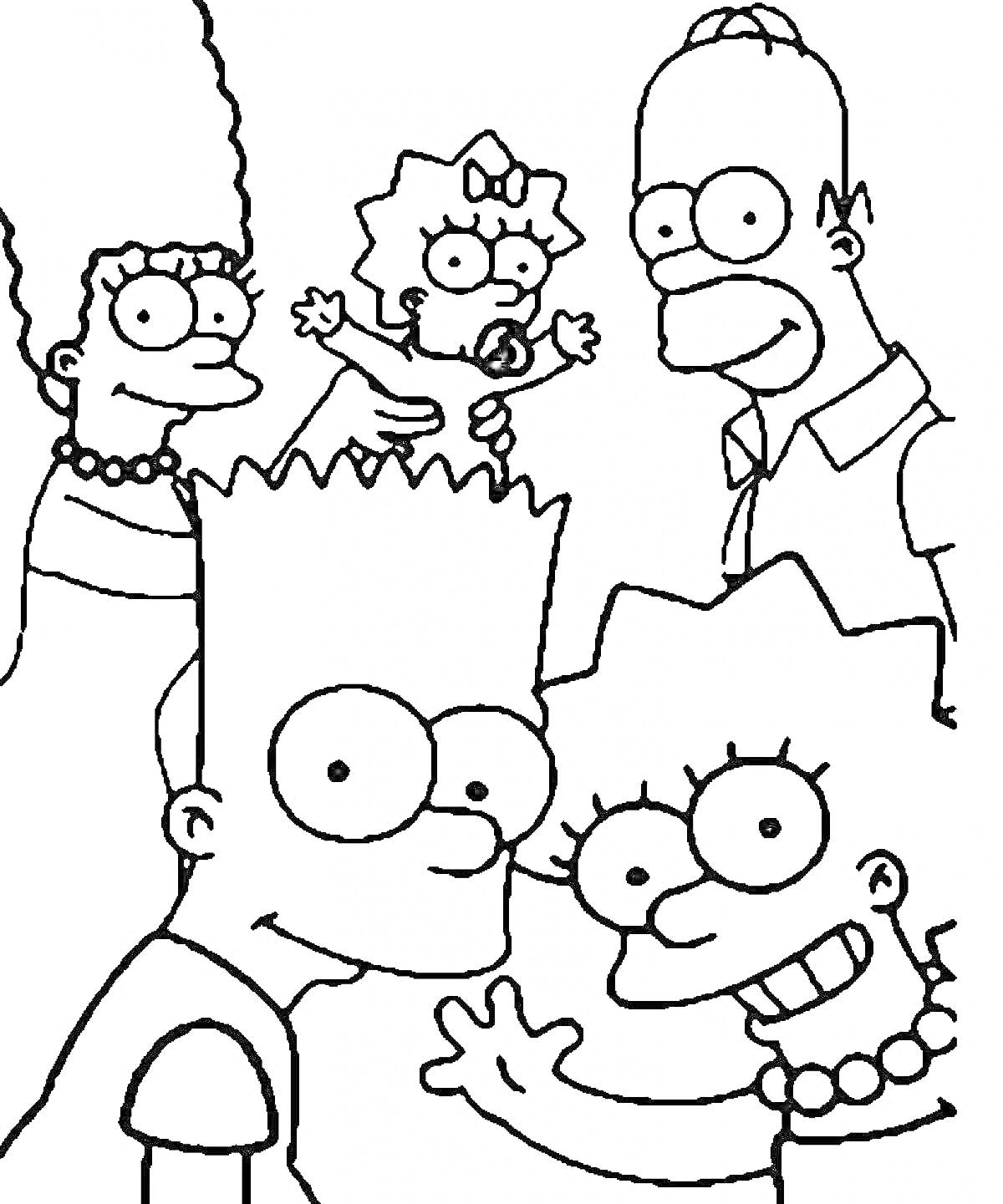 На раскраске изображено: Симпсоны, Семья, Из мультфильмов, Родители, Младенец, Для детей, Персонаж