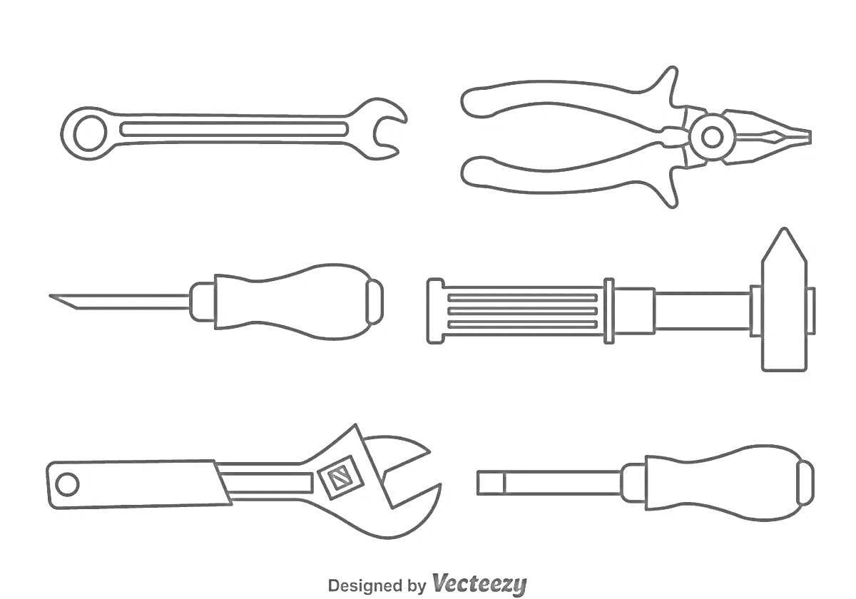 Раскраска Набор инструментов для детей: гаечный ключ, плоскогубцы, отвертка, молоток, разводной ключ, отвертка с резиновой ручкой