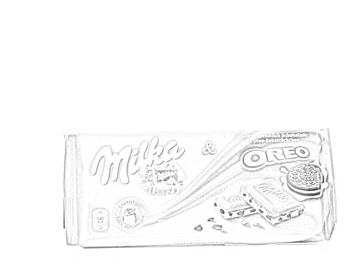 плитка шоколада Milka & Oreo, логотип Milka, изображение коровы, печенье Oreo, кусочки шоколада