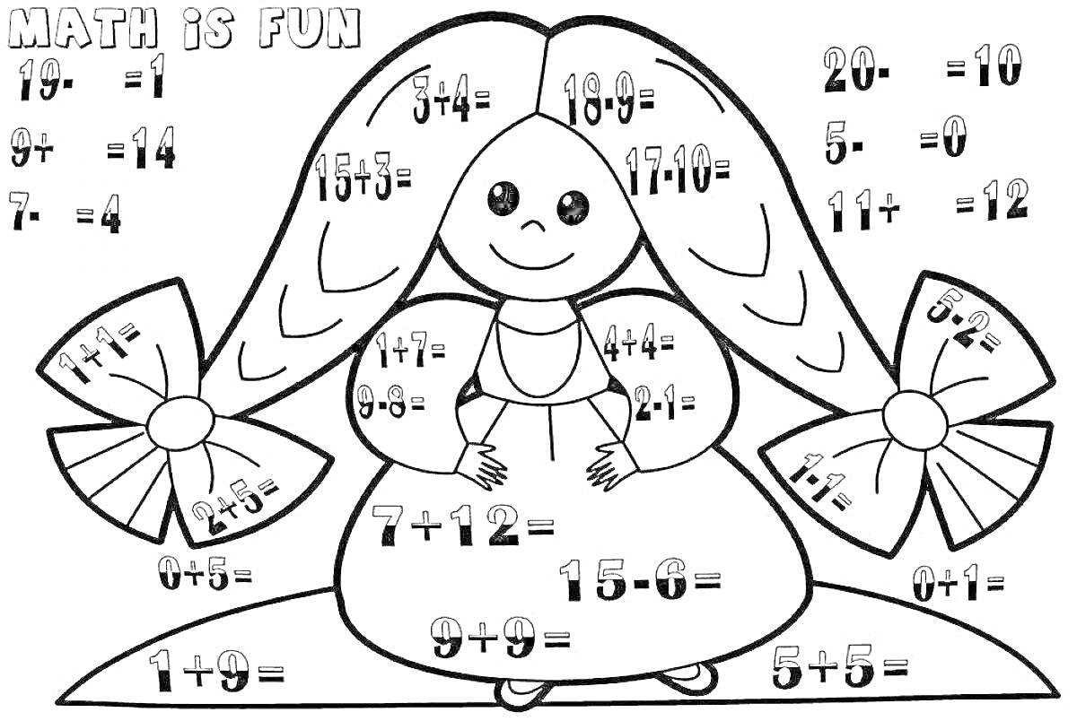 Раскраска Девочка с бантами, задачи на сложение и вычитание в пределах 20