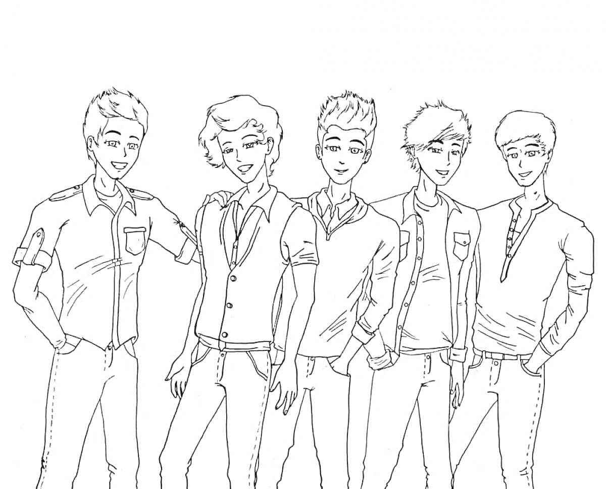 Раскраска Подростки в стильной одежде, пять мальчиков-подростков стоят рядом