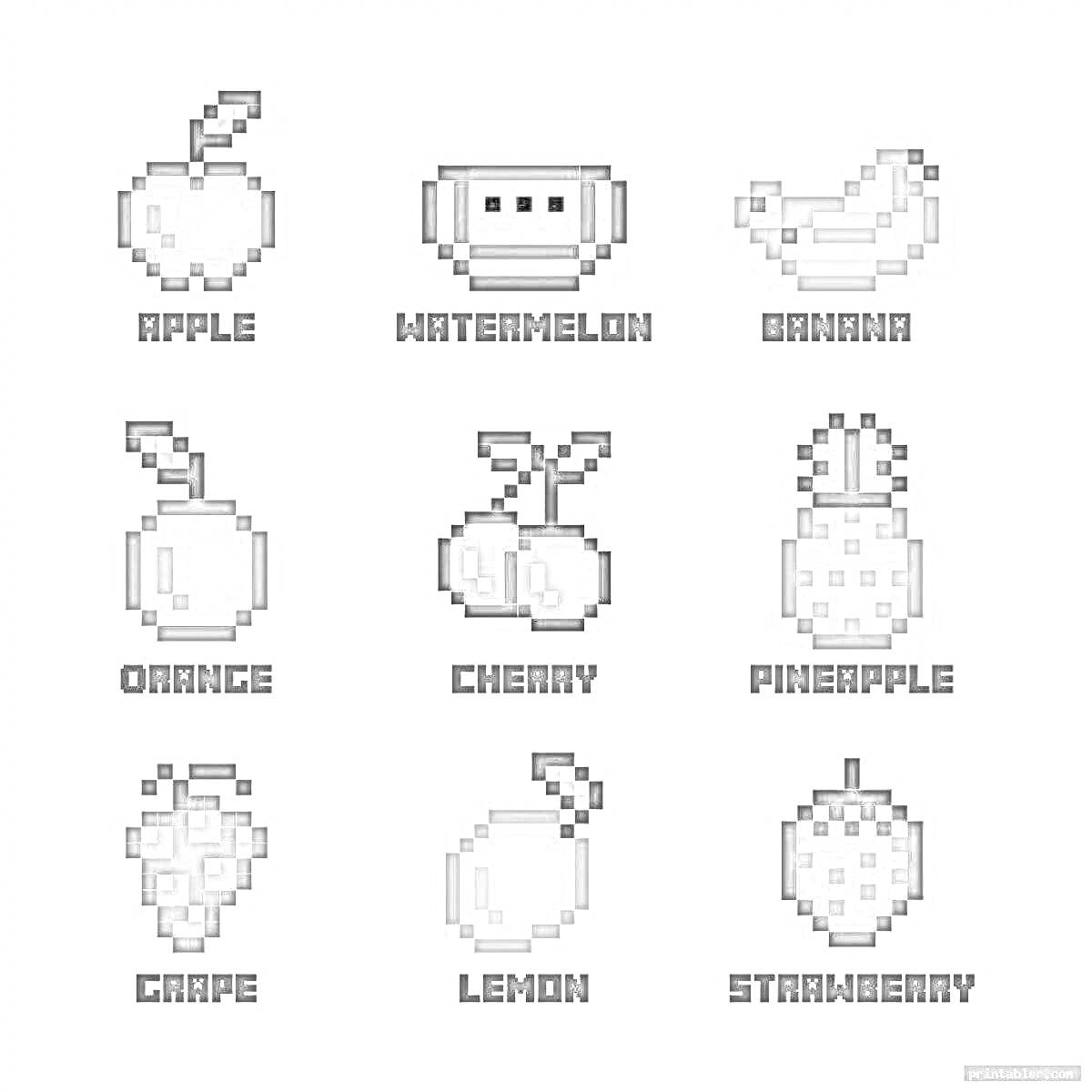 На раскраске изображено: Майнкрафт, Фрукты, Яблоко, Арбуз, Банан, Апельсин, Вишня, Ананас, Виноград, Лимон, Клубника