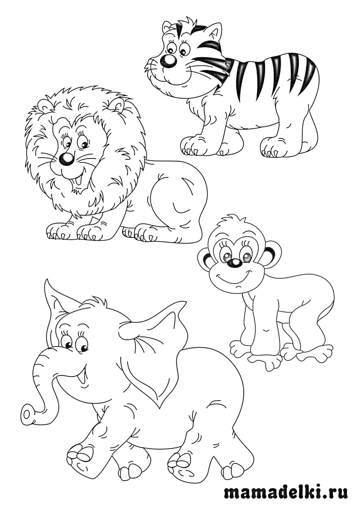 На раскраске изображено: Дикие животные, Лев, Тигр, Слон, Для детей, Животные, Обезьяны