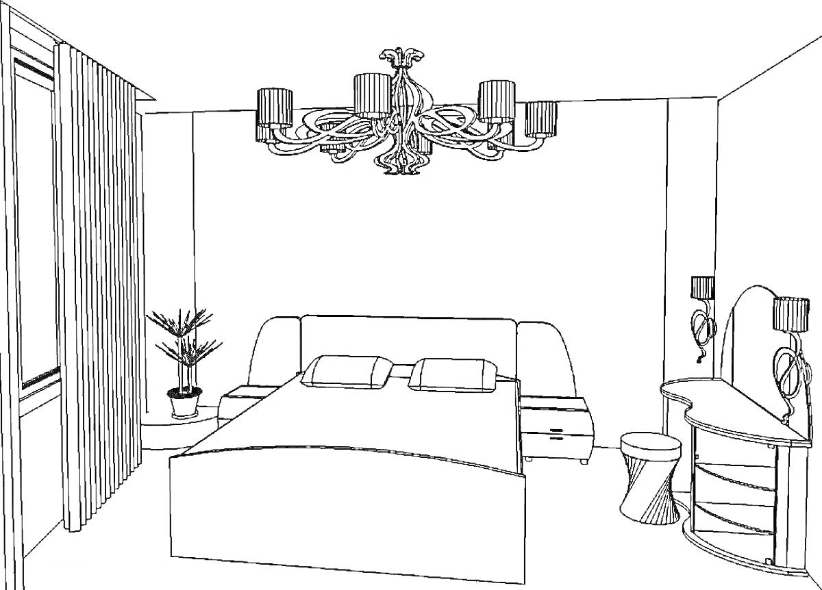 На раскраске изображено: Спальня, Зеркало, Туалетный столик, Стул, Люстра, Интерьер, Шторы, Растения, Кровати, Тумба