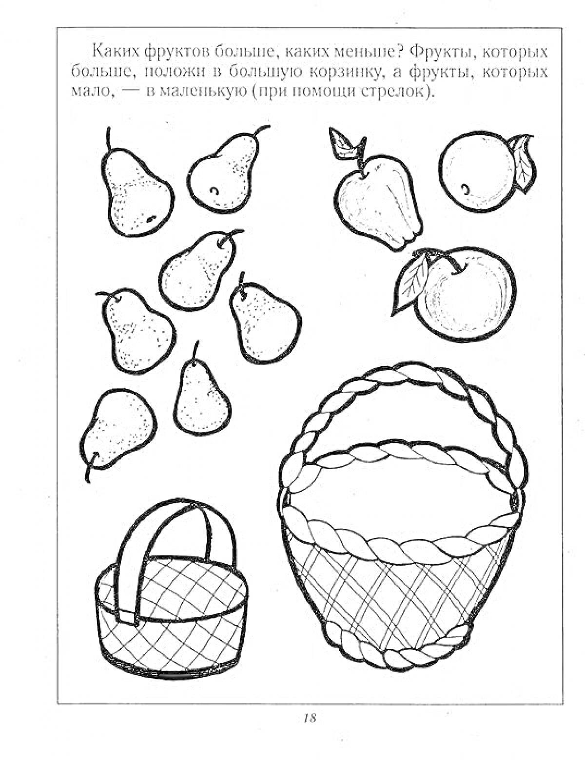 Раскраска Груши и яблоки, большие и маленькие корзины, чтобы отмечать количеством