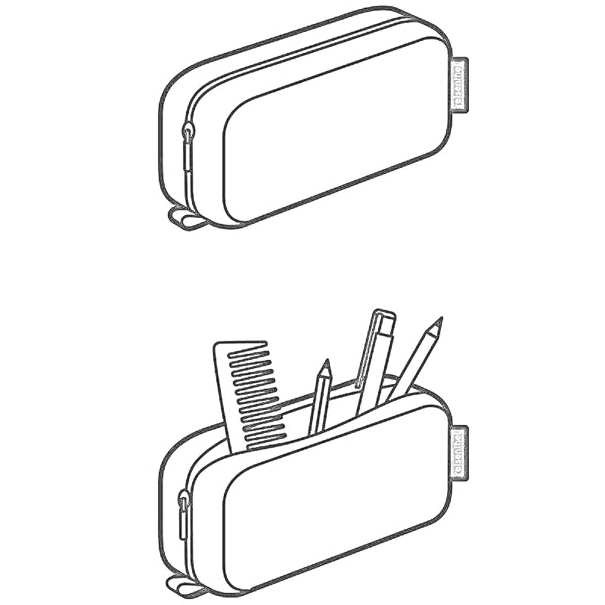 Раскраска Пенал школьный с застежками, карандаш, ручка, расческа внутри пенала