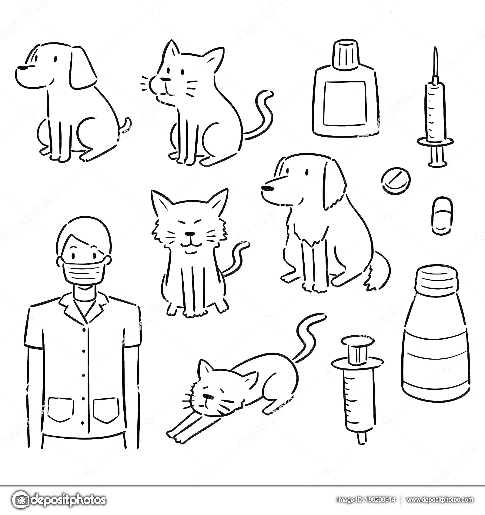 На раскраске изображено: Ветеринар, Собака, Шприц, Таблетки, Капли, Пузырёк, Лечение, Уход за животными