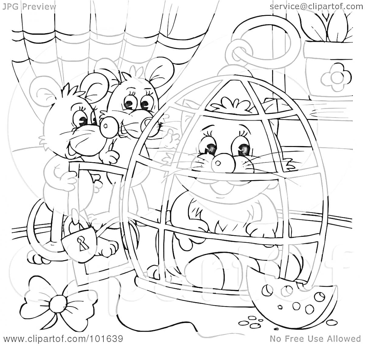 Раскраска Две мыши с ключами от клетки, в которой находится мышь, кусочек сыра, цветок в горшке на подоконнике, лента, занавеска