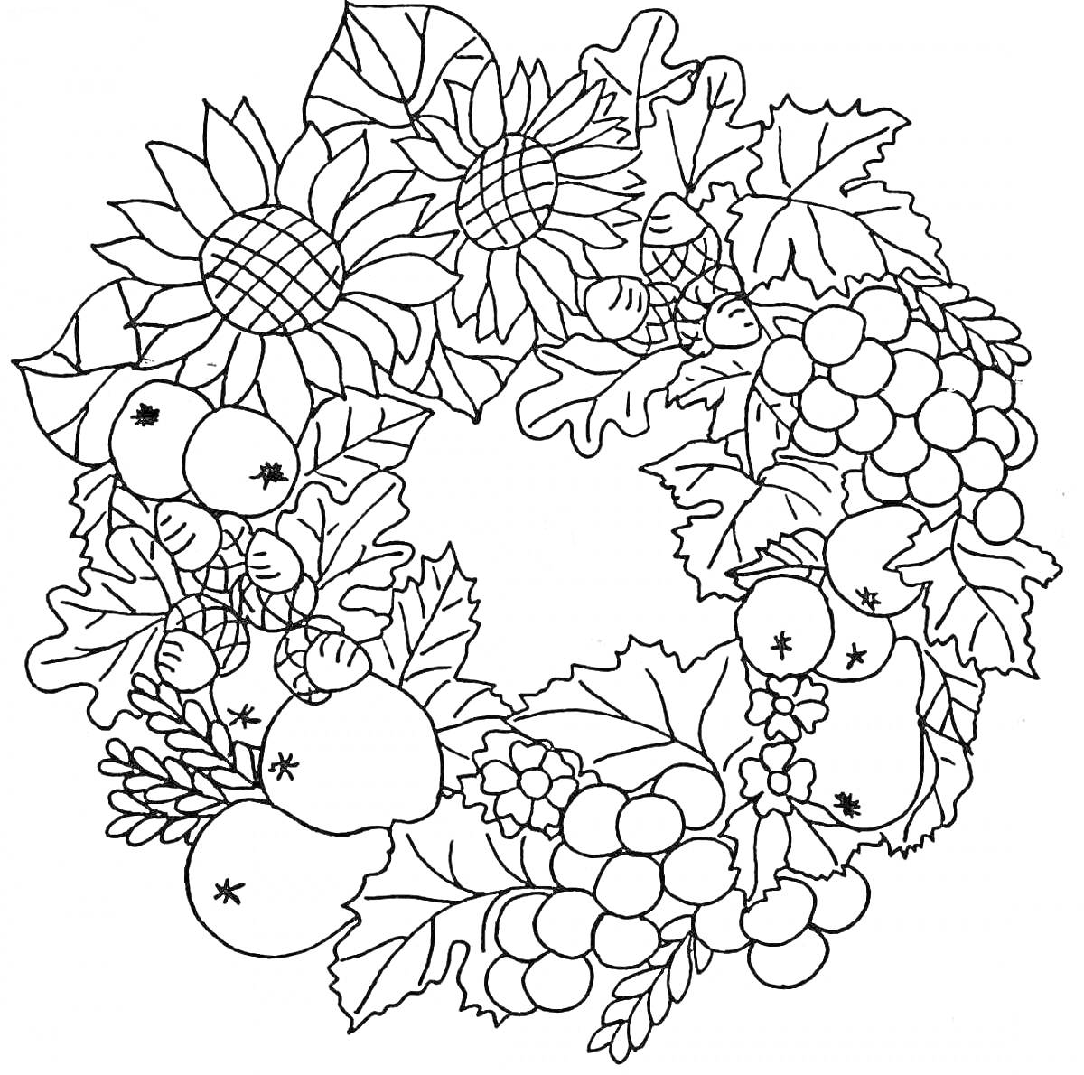 На раскраске изображено: Осень, Венок, Подсолнухи, Ягоды, Листья, Рябина, Природа, Яблоко, Букет цветов