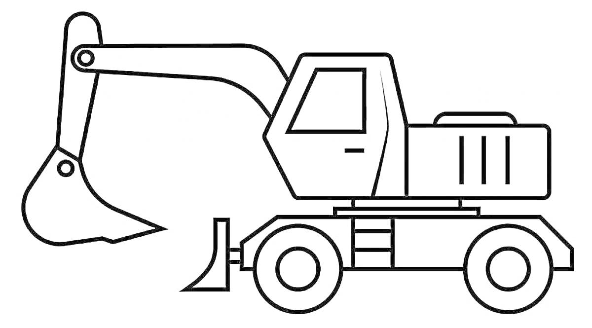 На раскраске изображено: Экскаватор, Строительная техника, Ковш, Спецтехника, Колесная база
