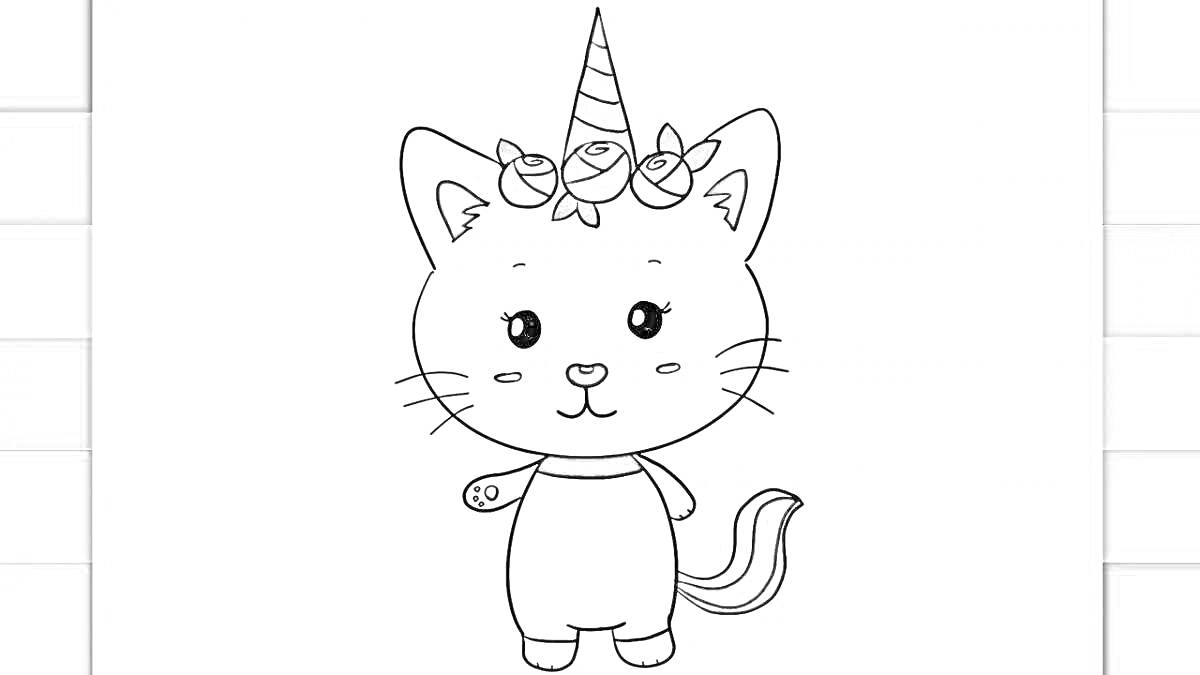 Раскраска Кошка с рогом единорога, цветочной короной и полосатым хвостом