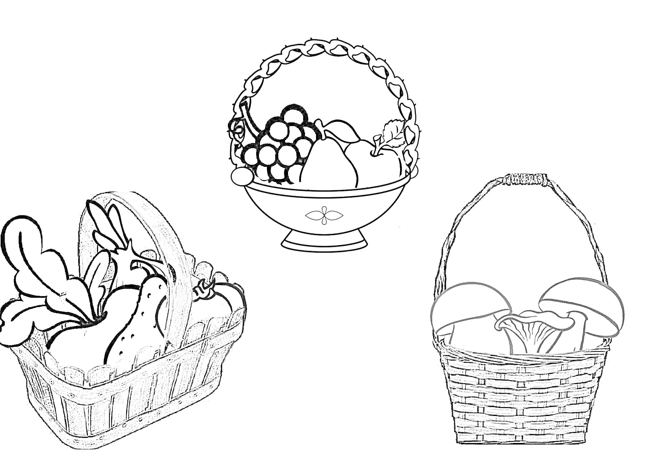Раскраска Три корзины с разными наполнениями — фрукты, овощи, грибы