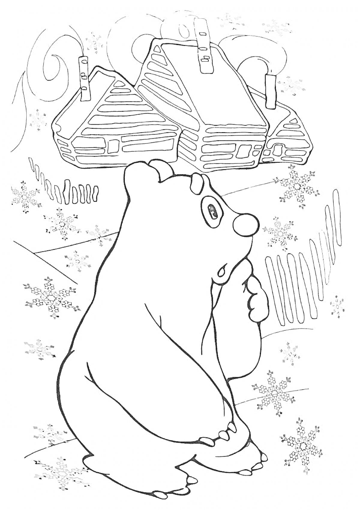 На раскраске изображено: Медведь, Забор, Снег, Зима, Лес, Из мультфильмов, Домик