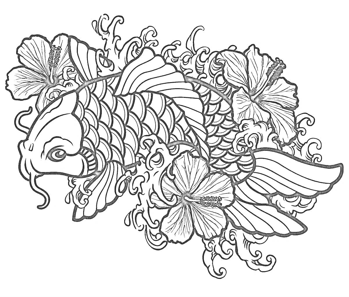 Раскраска Рыба с цветами и завитками
