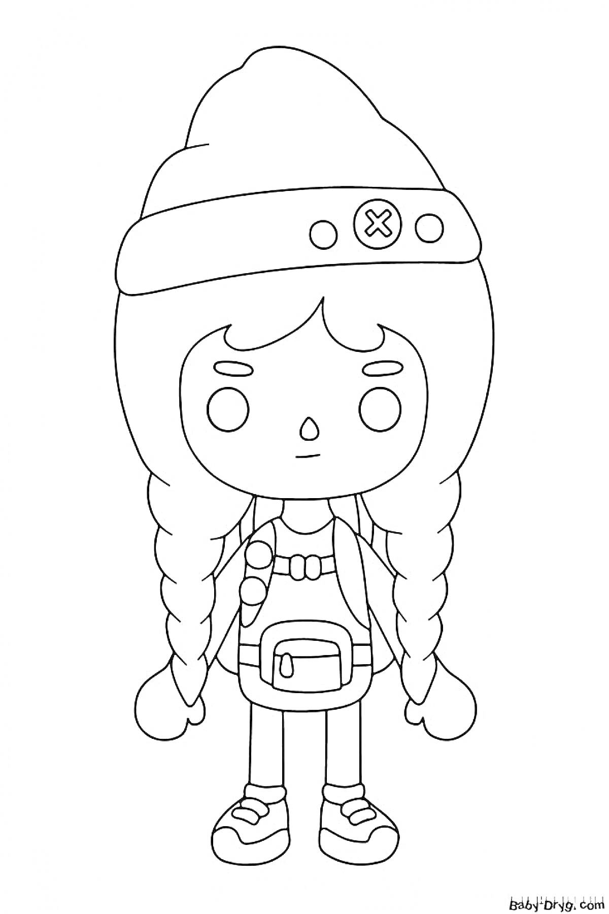 Раскраска Девочка с косичками в шапке с рюкзаком и кроссовками