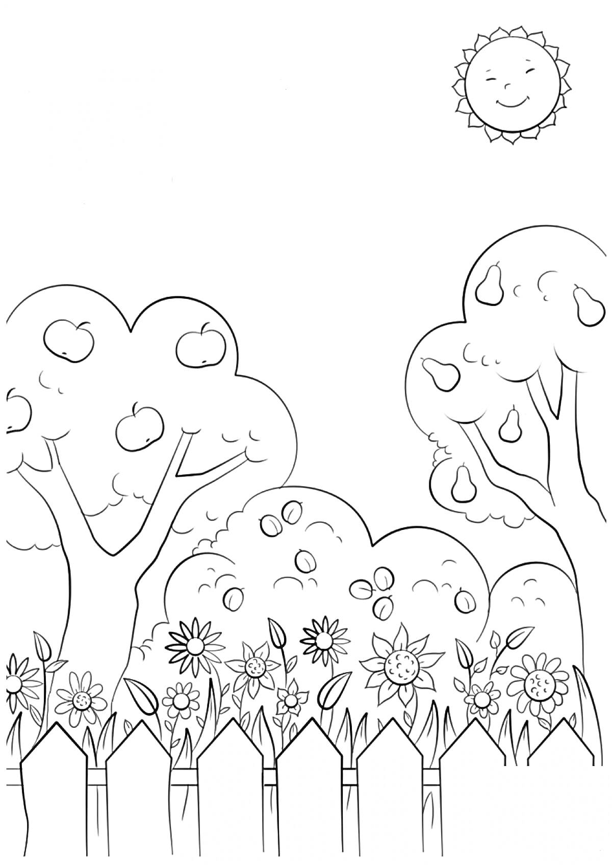 Раскраска Сад с яблонями, грушами, забором и цветами