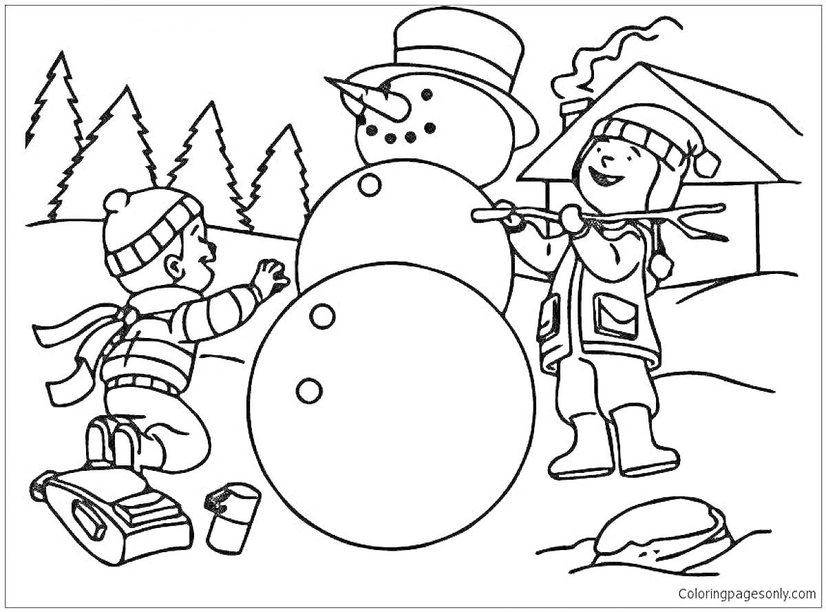 Раскраска дети лепят снеговика возле дома и елок