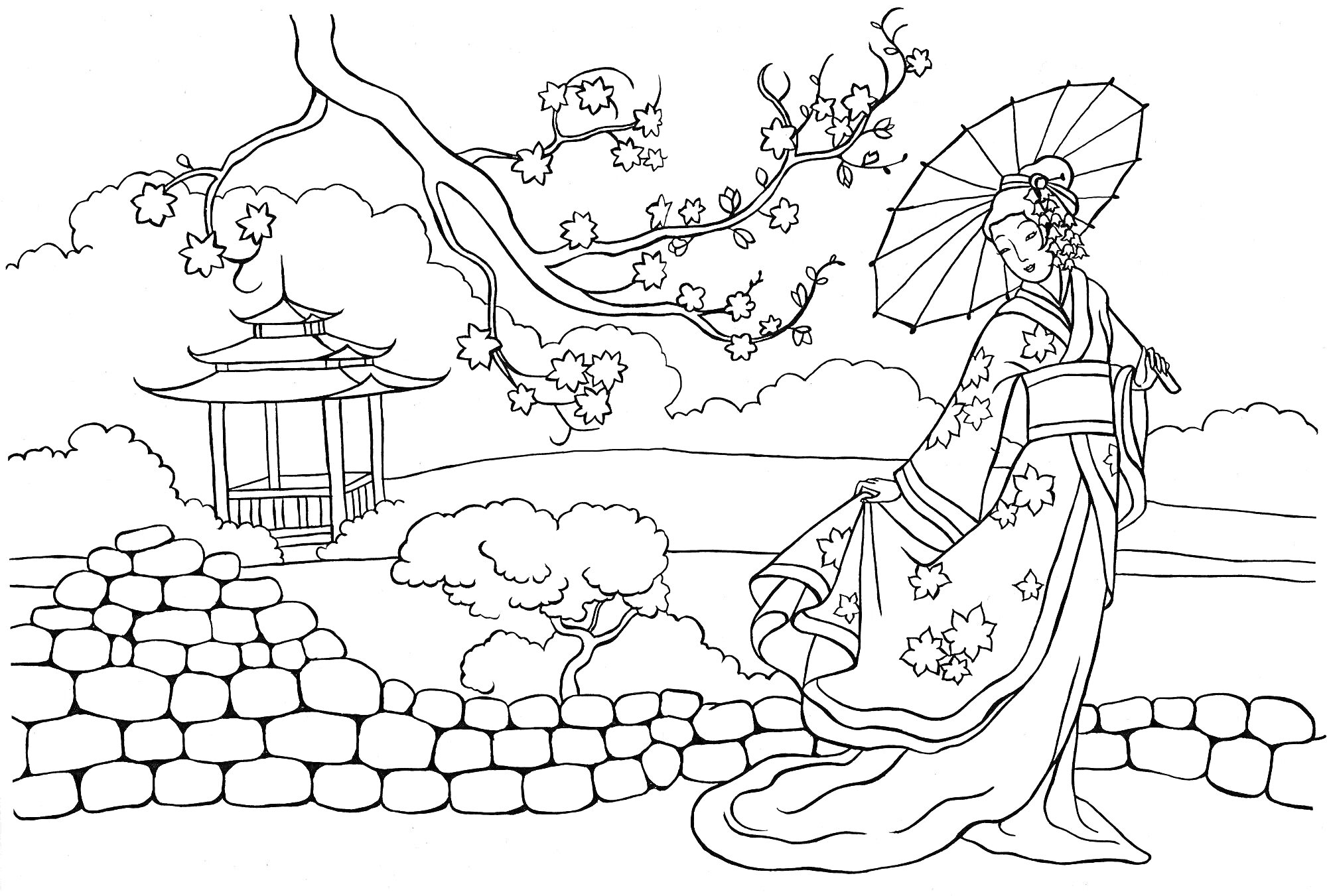 На раскраске изображено: Япония, Гейша, Сад, Пагода, Каменная стена, Деревья, Традиционная одежда, Для детей