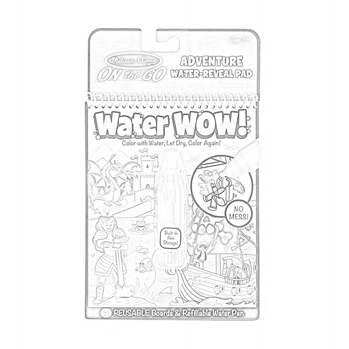 Adventure Water-Reveal Pad с многоразовыми досками и перезаполняемым водным маркером. На изображении также видны дети на фоне гор, города и замка.