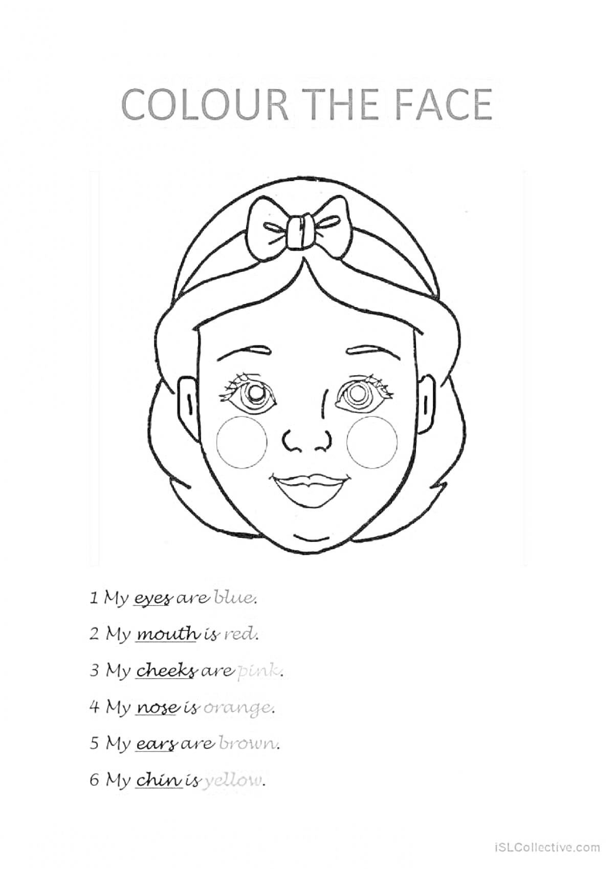 На раскраске изображено: Глаза, Рот, Щеки, Нос, Уши, Подбородок, Бант