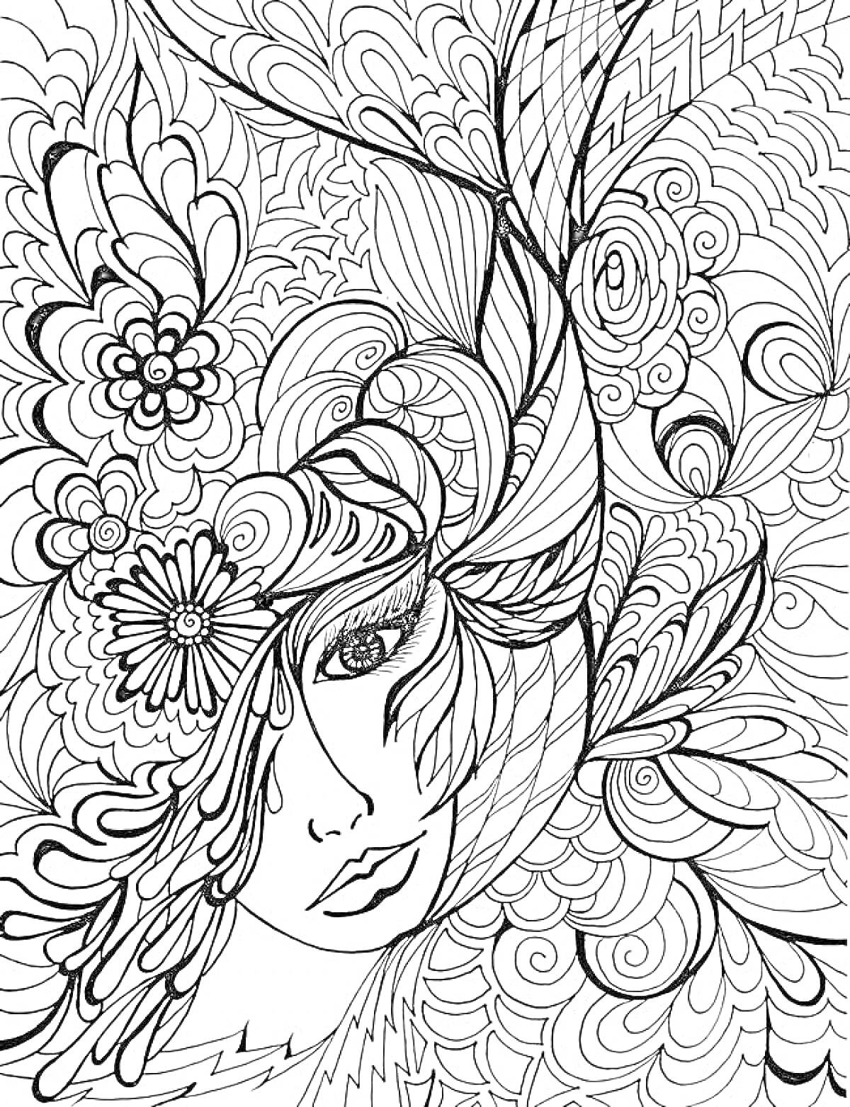 Раскраска Лицо девушки с цветами и узорами