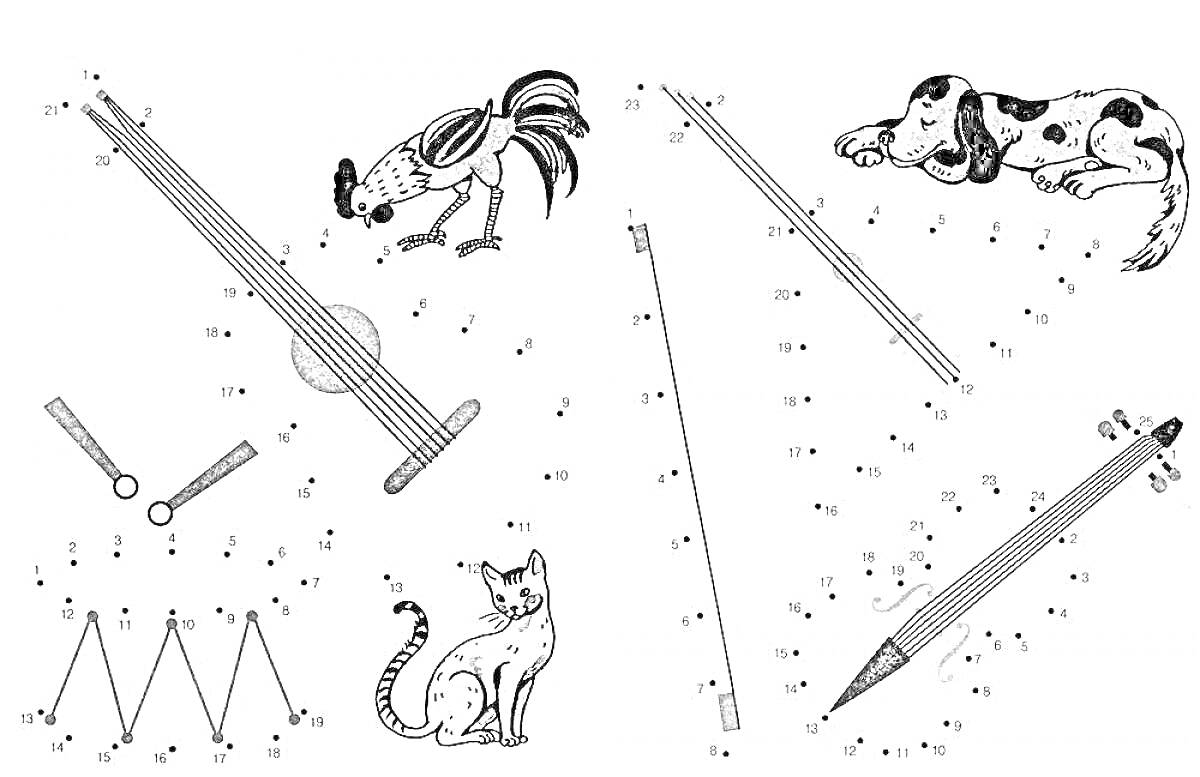 Раскраска Соединение точек - Музыкальные инструменты с изображением животных