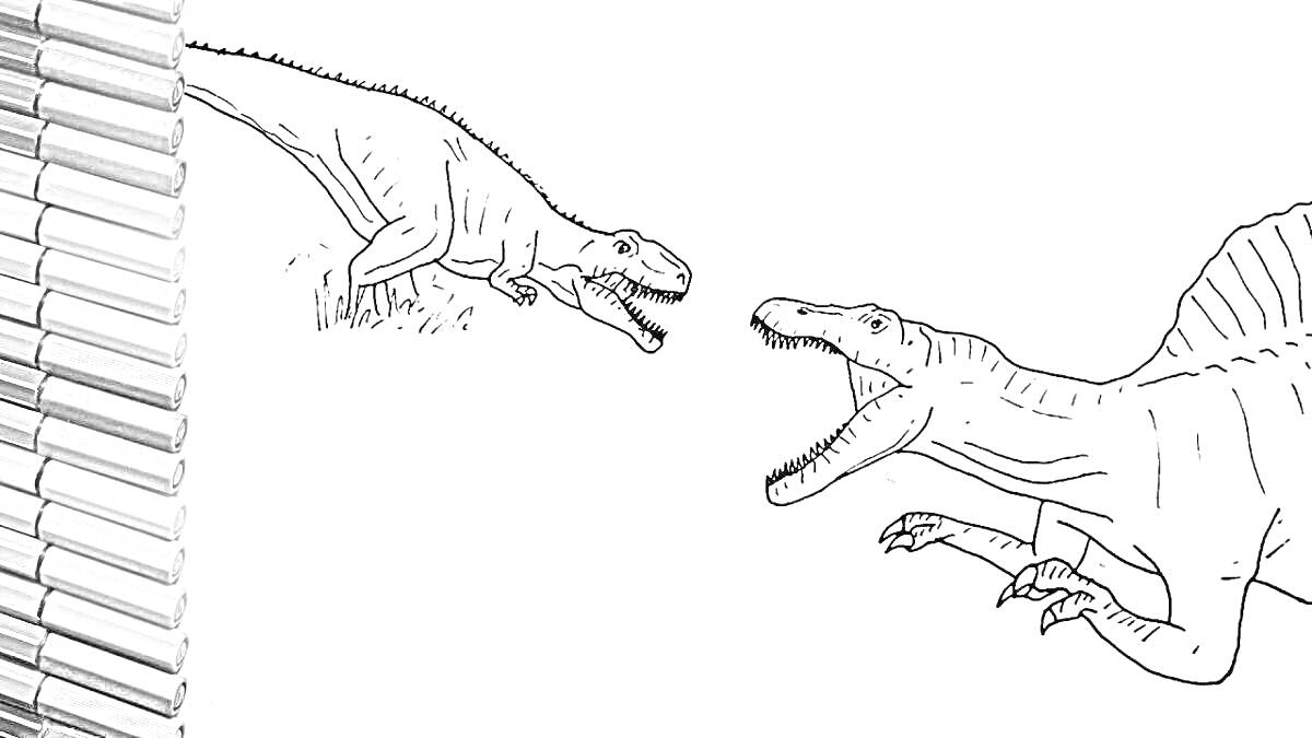 два гигантозавра, набор цветных карандашей