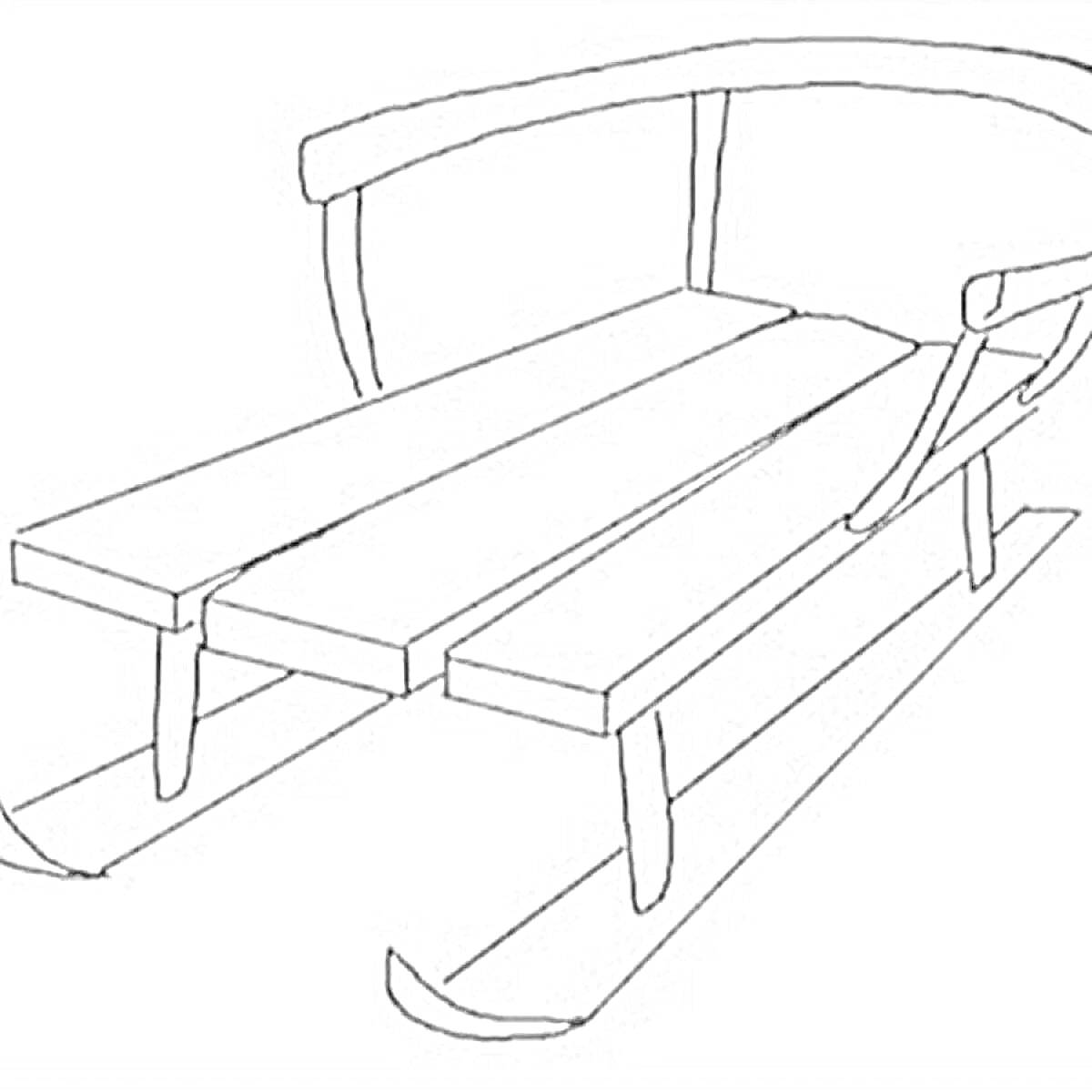 Раскраска деревянные сани с тремя досками сиденья и закругленными полозьями для детей