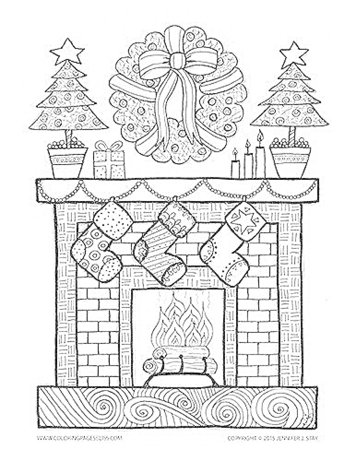 Раскраска Новогодний камин с гирляндой, носками, свечами, елками и подарками