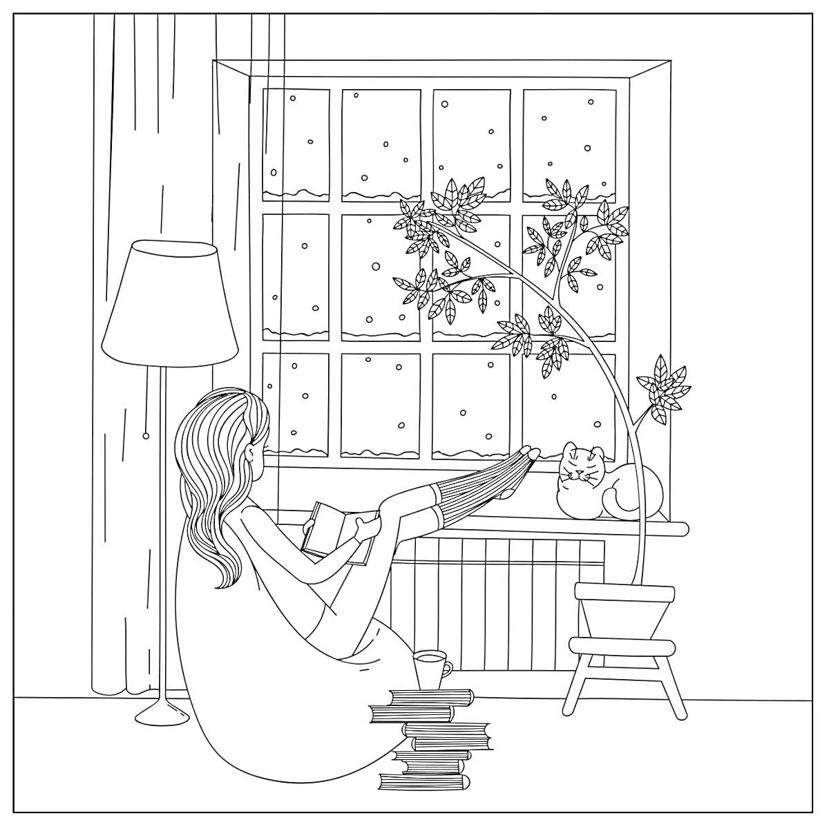 Раскраска Человек за окном, читающий книгу, с котом на подоконнике и комнатным растением